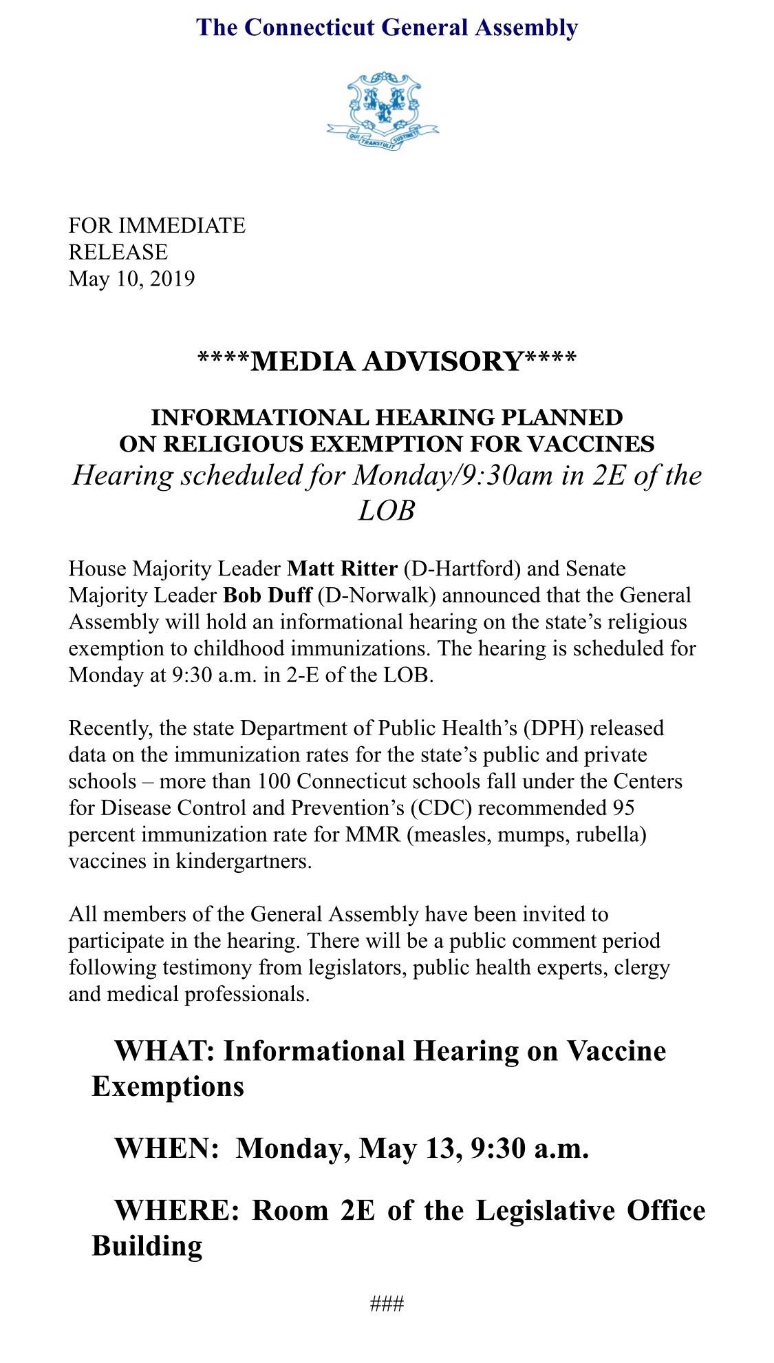 informational hearing religious exemptions for vaccines 20190511